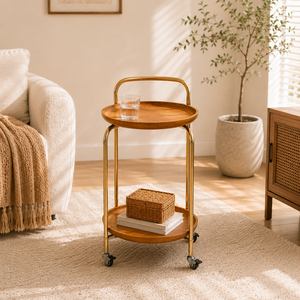 Luxury Modern 2-Tier Solid Oak Round Wooden Serving Cart with Gold Metal Frame and Wheels